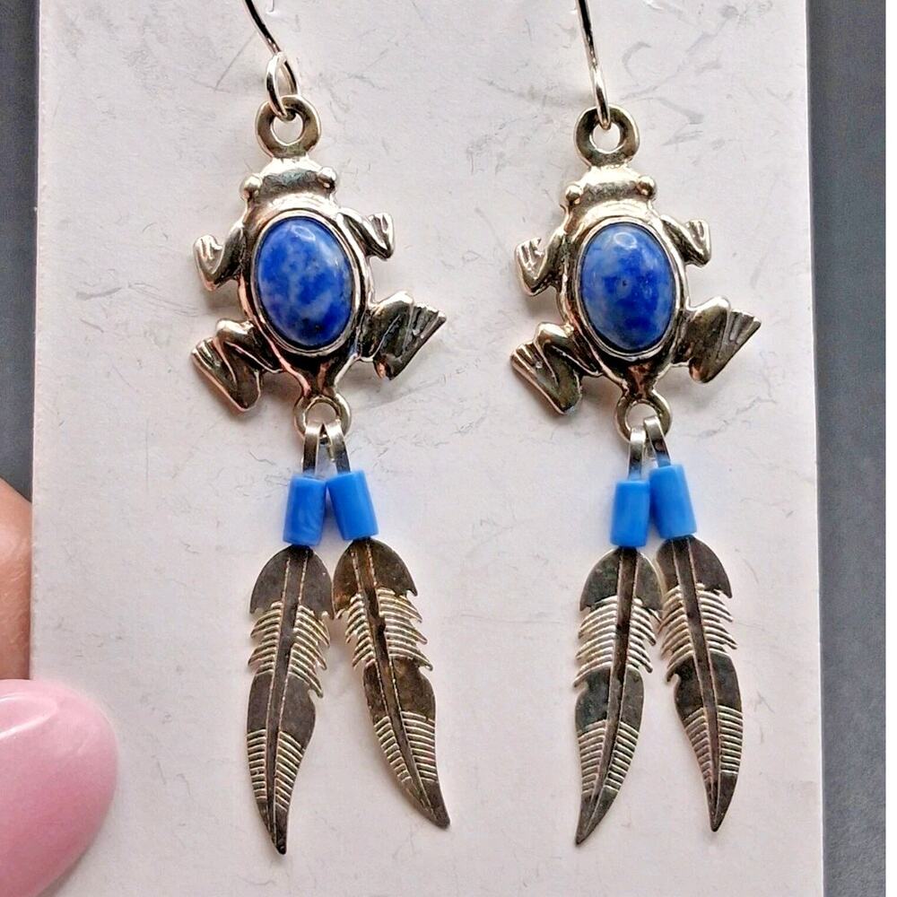 Lapis Frog Feather Earrings, Sterling Silver, Navajo Southwestern Style